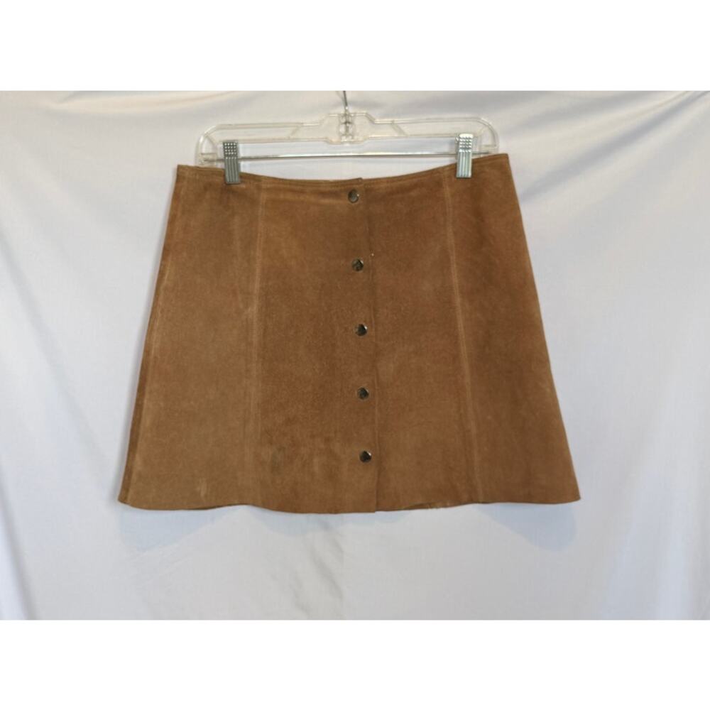Topshop Real Leather Tan Suede Snap Front A Line Mini Skirt, 8 Festival Western